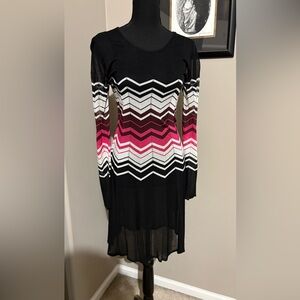Trina Turk Black and Pink Chevron Long Sleeve Dress